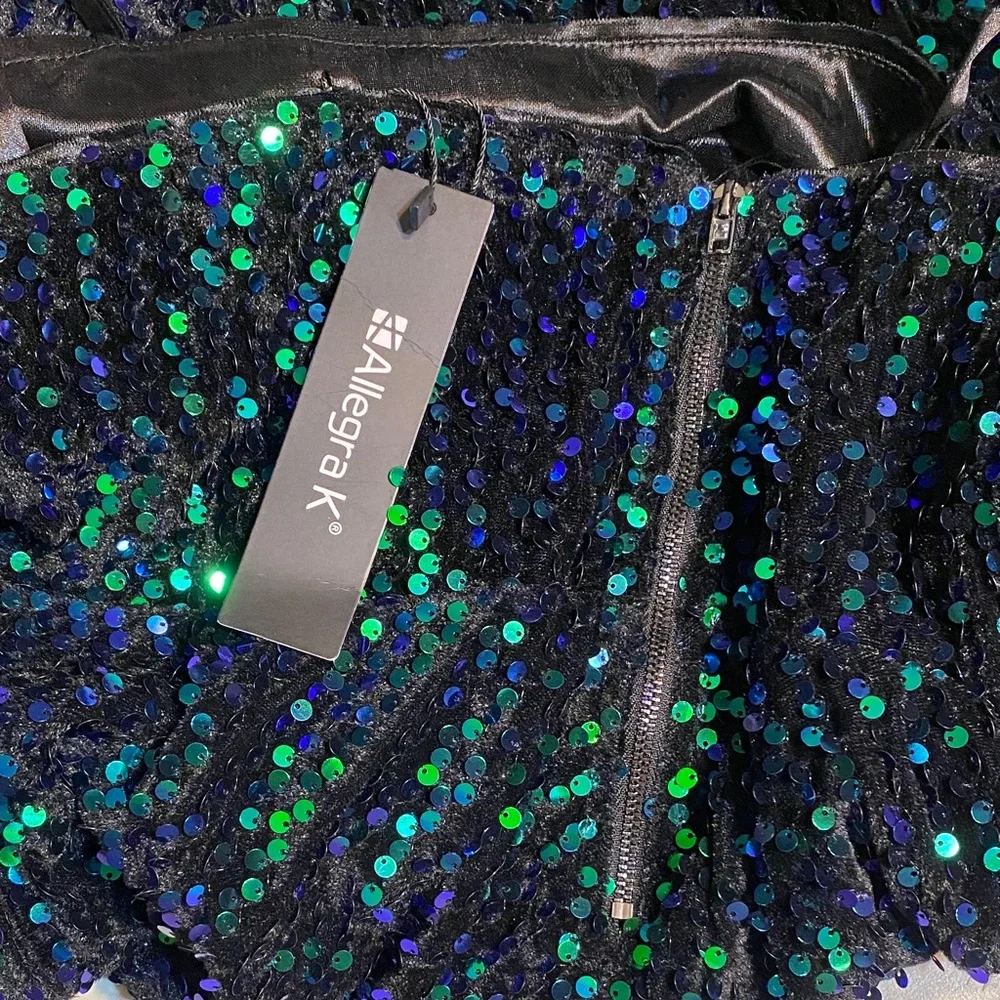 Allegra K Black Mini Dress with Green Sequin Shine - Picture 3 of 6